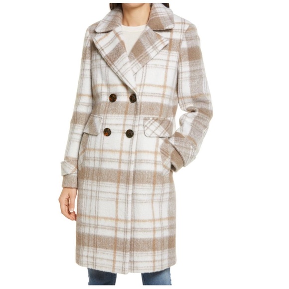 Sam Edelman Double Breasted Wool Blend Coat NWT Soft Plaid Tan 14 - Picture 4 of 6